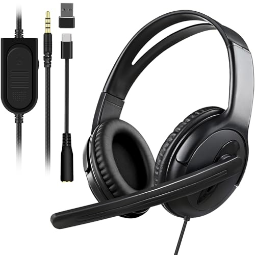 Joso Wired Headset with Mic, Gaming Headset for PS5/PS4/Xbox/Switch/PC/iPad/Mac & Tablet with 3.5mm to Type C & USB-A Adapter - Chat Headphone, Office Business, Coach, Gaming, Remote Work