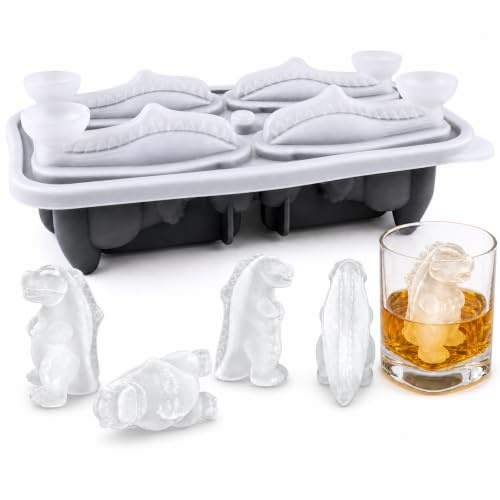 PTaizjjz Silikon Eiswürfelform Dinosaurier,4-Loch Ice Cube Tray 3D Dino Eiswürfelbehälter mit Deckel, Wiederverwendbare Eiswürfelformen BPA-Frei für Eis, Whiskey, Cocktail, Saft