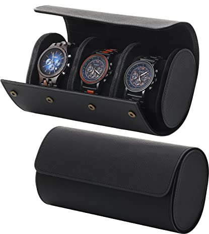 Emibele Astuccio Viaggio Orologi, 3 Scomparti Pelle PU Donna Uomo | Astuccio Collezione Orologi Con Cuscini Rimovibili E Divisori Fissi Per Casa, Viaggio E Esposizione, Nero