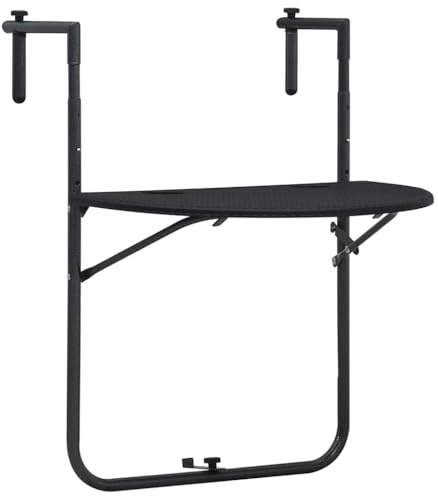 Zeehear balkonghängbord plast rottinglook svart 60 x 64 x 83,5 cm, hopfällbart, väderbeständigt, utrymmesbesparande, höjdjusterbart sidobord för trädgård, terrass, utomhusanvändning