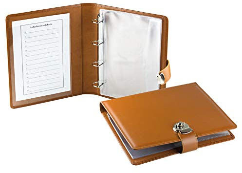 DELMON VARONE - Personalisierbare Dokumentenmappe DIN A4 mit Schloss & Schlüssel inkl. 10 Klarsichthüllen, Premium Boxcalf Leder braun, Echtleder Ringbuch Mappe mit Verzeichnis für Dokumente Urkunden