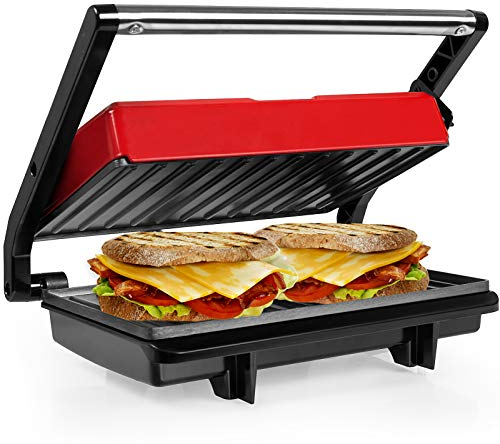 Gotoll Parrilla Eléctrica Sandwichera Panini Grill & Toast con Revestimiento Antiadherente, Superficie 23 x 14,5cm, Libre de BPA, Asa de Tacto Frío, 750W, Color Rojo