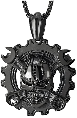 COOLSTEELANDBEYOND Herren Schwarz Mechaniker Schlüssel Zahnrad Rad des Lebens Schädel Anhänger Edelstahl-Halskette, Gotische Biker