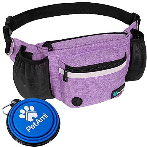 PetAmi Bauchtasche für Hunde, Leckerli-Tasche für Spaziergänge mit dem Hund, Training, integrierter Kotbeutelspender, Wasserflaschenhalter, zusammenklappbarer Schüssel, Laufen, Trockenfutter (lila)