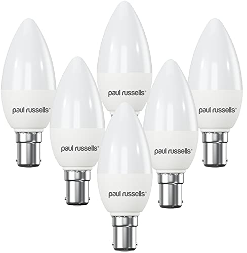 paul russells LED Light Small Bayonet Cap B15, 40watt Equivalent, 4.9W 470LM LED Bulbs, 2700K Bright Warm White, Frosted C35 SBC Candle Energy Saving Non-Dimmable Chandelier Lightbulbs, 6 Pack