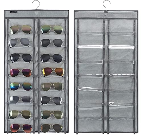 ANZORG Sonnenbrillen-Organizer zum Aufhängen an der Tür, Sonnenbrillen-Halter, Brillen-Vitrine mit 16 transparenten Taschen, 32 Taschen, grau, Einheitsgröße
