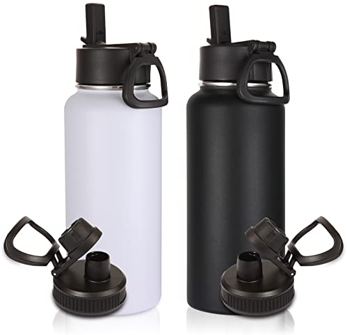 Volhoply 1 Litre Insulated Water Bottles Bulk 2 Pack with Straw & Spout Lid,Stainless Steel Sports Water Bottle,Double Wall Vacuum Tumbler,Leakproof Wide Mouth Metal Flask for Hiking,Camping(Mix,2)