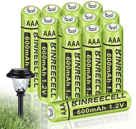 KINREECELL Piles Rechargeables AAA, Ni-MH, Haute Capacité 1,2V Préchargées pour Lampes Solaires Extérieures, Guirlandes Lumineuses, Lampes de Chemin (AAA-600mAh-12pack)