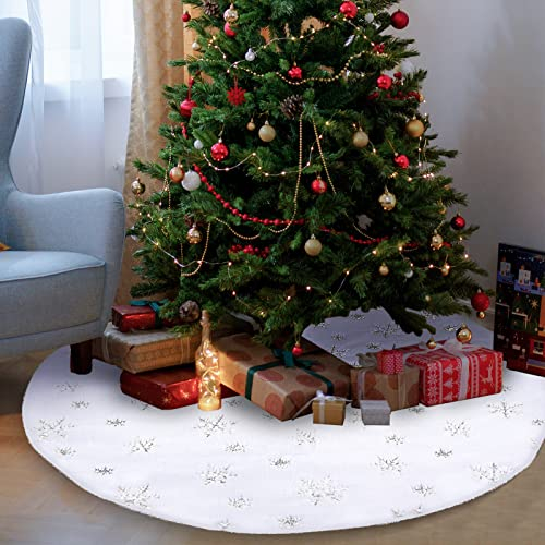 Hukermoon Weihnachtsbaumdecke Rund, 78 cm Weihnachtsbaumrock mit Silber Schneeflocken, Baumdecke Weihnachtsbaum Rock Weiß Plüsch Kunstfell, Christbaumdecke Bunt, Christbaumständer Decke (78, Silber)