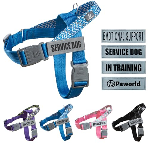 Paworld Hundegeschirr, Diensthundegeschirr, Norwegergeschirr Hund, Sicherheitsgeschirr mit 4 reflektierenden Aufnähern, Verstellbar, Griff, für Spaziergänge, Training und Laufen (Blau, XS)
