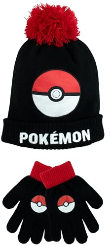 Pokemon Mütze Und Handschuhe Set Für Kinder | Wintermütze Und Handschuhe Für Jungen | Kinder Beanie Hut | Rote Einheitsgröße