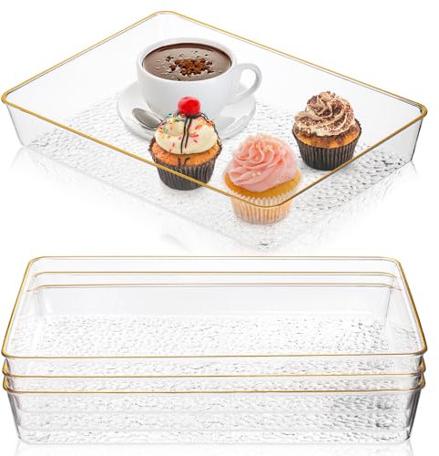 Cididu 4 Pack Clear Serving Trays, Deep Serving Platters Rectangle 12'' x 8'', Decorative Tray with Gold Rim, Reusable Plastic Tray Organizer for Coffee Table Pantry Party Food Display Spill Proof