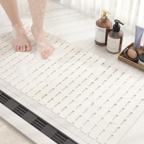 COLOR&GEOMETRY Shower Mat Non Slip Anti Mould 40x68Cm, Shower Mat Cut to Size, Machine Washable Bathroom Mat With Strong Suction Cups Non Slip Bath Mats for Inside Bath, Walk-In Bathroom - Cream White