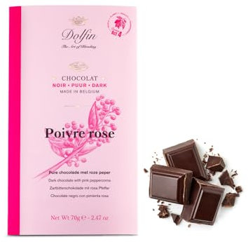 Dolfin® | Cioccolato Fondente 60% e Pepe Rosa | Tavoletta Cacao 60% con Pepe Rosa - 1 x 70 Gr | Snack Cioccolato Scuro