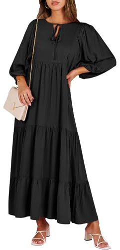 ANRABESS Womens Boho Maxi Dresses 2025 Summer V Neck Puff Sleeve Floral Flowy Swing Fall Casual Long Dress Black Medium