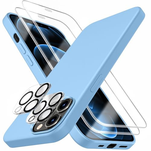 Dssairo [5 in 1 für iPhone 12 Pro Max Hülle 6,7 Zoll, mit 2 Pack Displayschutzfolie + 2 Pack Kameraobjektivschutz, Flüssigsilikon Ultra Slim Stoßfest Schutzhülle Handyhülle (Hellblau)