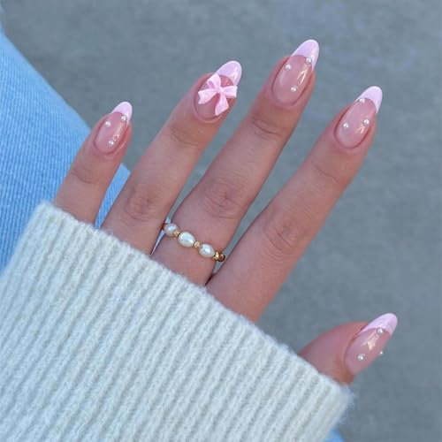 NICENEEDED 24 Pcs Almond Press on Nails, Medium French Tip False Nails, Pink Bow Pearl Fake Nails Oval Stick on Nails Full Cover Acrylic Gloss Nails for Women Halloween