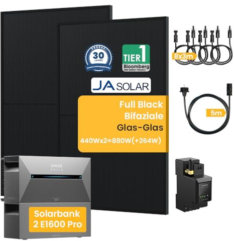 Balkonkraftwerk mit Speicher Solix Solarbank 2 E1600 Pro mit JaSolar 880W(+264) Full Black Bifaziale Solarmodule und Smarten Zähler (1600Pro+BP1600*1+880W)