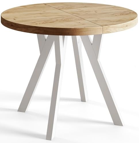 AlpiMeble Table de salle à manger ronde OVO - Table extensible - Diamètre : 90 cm à 190 cm - Table de salon - Couleur : Craft - Avec pieds en bois de couleur blanche
