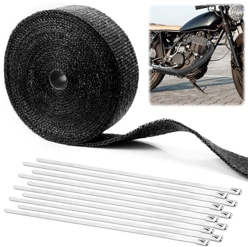 XSHAO® Hitzeschutzband Auspuff, 10 M Auspuffband Schwarz mit 10 Edelstahl Kabelbinder für Motorrad Fächerkrümmer Thermoband Krümmerband