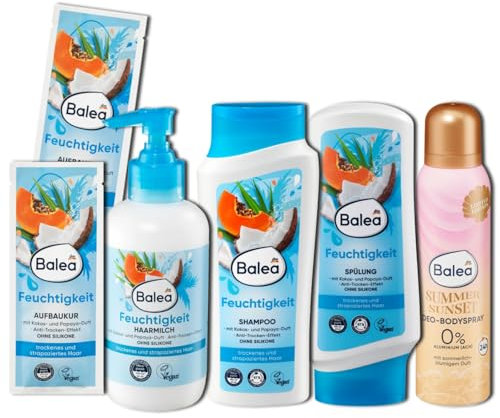 Balea 6er Set: Haarmilch 200 ml, Shampoo 300 ml, Spülung 300 ml, Aufbaukur 2x 25 ml Feuchtigkeit für Geschädigtes/Strapaziertes Haar + Bodyspray 150 ml