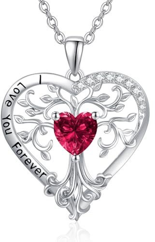Birthstone Tree of Life Necklace for Women Sterling Silver July Birthstone Ruby Necklace Tree of Life Heart Pendant Jewellery Anniversary Birthday Gifts for Wife Mom Daughter
