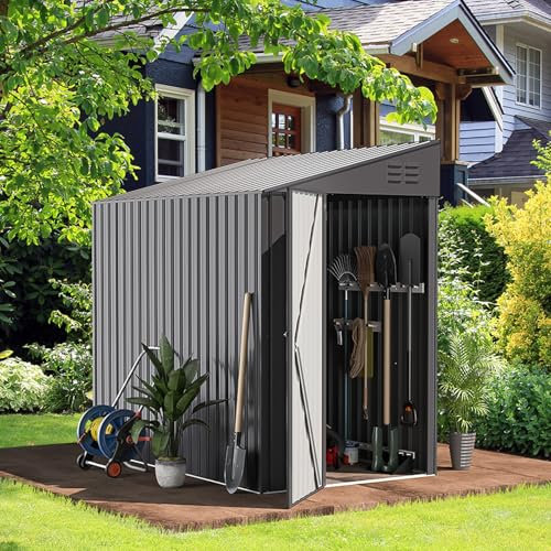 UNIONLINE 4x7ft Lean to Storage Metal Garden Shed | 214x130x203 cm | Waterproof | 2.6m² 4.6m³ | Lockable Door | Bike Tool Shed for Backyard Patio | Garbage Can | Dark Grey