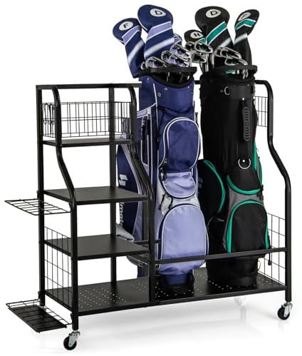 SPOTRAVEL Golf Club Organizer, Golf Bag Storage Stand with 6 Removable Hooks, Detachable Universal Wheels, Men & Women Golfing Equipments Rack for Golf Accessories (Extra Side Rack)