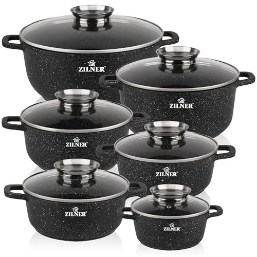 Kochtopf Set Induktion - Topfset mit Glasdeckel - Töpfe für alle herdarten - Antihaftbeschichtung- ZILNER® (6, Shwarz)