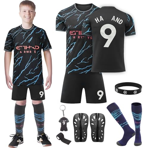 Fussball Trikot Kinder, Schweißabsorbierenden Fußball Trikot Trainingsanzug Shirts Shorts Socks und Schlüsselanhänger, Hause/Auswärts Fußballtrikot für Kinder Jungen