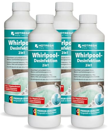 HOTREGA Whirlpool-Desinfektion 4x 500ml | Whirlpool Reiniger | 2in1-Wirkung: Desinfizierender Reiniger & Entkalker | Für Düsen, Wannen, Leitungssysteme | Gegen Kalk Bakterien Viren Gerüche