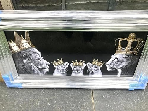 Biznest 3D Liquid Glitter Art Work Mirrored Frame Lion Royal Family Golden Crown Diamante Wall Hung Glass King Queen Cubs Black Gold Landscape 85 X 45 Cm (KING & QUEEN WITH 3X BOYS)