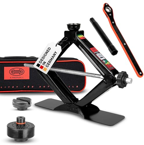 HEYNER® Wagenheber Scherenwagenheber 2t, Set inkl. Gummiauflage für Tesla, 360° drehbar, inkl. Ratsche & Tasche, TÜV Rheinland Zertifiziert, GS geprüft