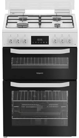 HTG6GDCW 60cm Freestanding Gas Cooker – White, Double Cavity, 4 Gas Burners, Grill, LED Timer, Easy Clean Enamel, Energy Efficient, Family Size Cooking