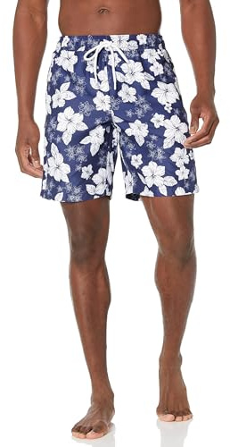 Amazon Essentials Short de Bain de 23cm avec Doublure en Maille Poches Fermeture à Cordon Homme, Bleu Marine Fleur D'hibiscus, S