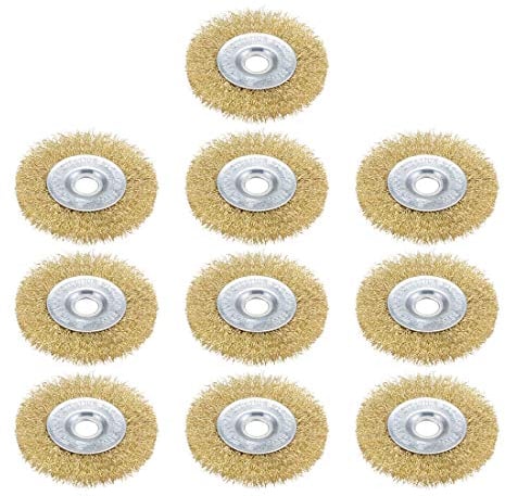 sourcing map 4-Inch Wire Wheel Brush Bench Brass Plated Crimped Steel with 5/8-Inch Arbor Hole 10 Pcs