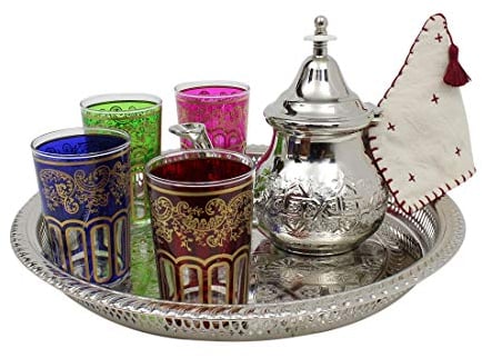 Service à thé à la menthe marocaine - Plateau argenté de 33 cm - Théière moyenne avec filtre intégré et support pour théière - 4 verres à thé multicolores