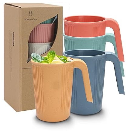 Sumajuc 4PCS Plastic Cups with Handles,Stacking Camping Mugs,Melamine Mugs Cups That Can Be Safely Used in Dishwasher and Microwave
