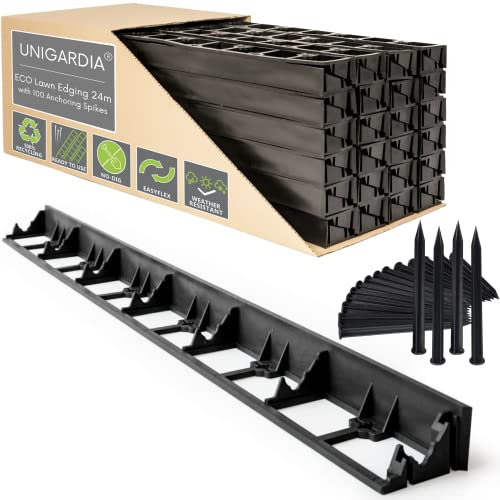 Bordura per Aiuole 24 m con 100 Chiodi di Fissaggio - Bordo Flessibile in Plastica per Prato - Uso Semplice, Lunga Durata almeno 25 Anni - Bordatura per Giardino, Altezza 78 mm, Colore Nero