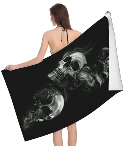 LAMAME Badetuch mit Totenkopf-Motiv, leicht, Strandtuch, tragbar, Mikrofaser, Schwarz / Weiß