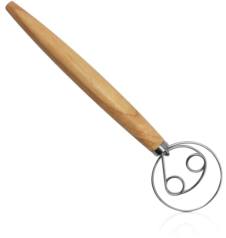 Dänischer Teigbesen 13 Zoll Dänische Teig Schneebesen Edelstahl Doppellöchern zum Schnellen Mischen mit Holzgriff Brotteig Schneebesen für Backen, Brot, Teig, Gebäck, Dessert, Pizzateig