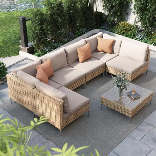 Grand patio Gartenmöbel Set 7 Teilig, Rattan Lounge, Lounge-Set wetterfest aus PE-Polyrattan, mit Tisch und Sitzkissen, Balkonmöbel für Garten, Balkon und Terrasse