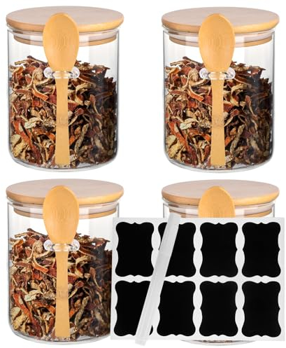 MAOOY 550ML Bocaux en Verre, Lot de 4 Bocal en Verre avec Couvercle Couvercle en Bois et Cuillère en Bois, Pot en Verre Hermétique, Bocaux Rangement Cuisine pour Céréales/Thé/Haricots/Épices