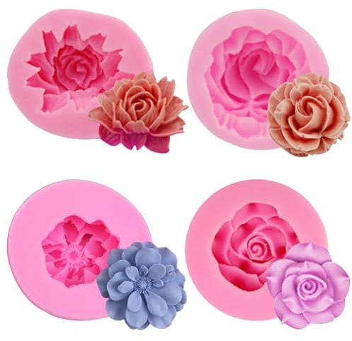 HANIUTTY 4 Moldes de Silicona de Flores, Forma de Rosas para Manualidades y Decoración de Tartas, Pasteles de Chocolate, Dulces