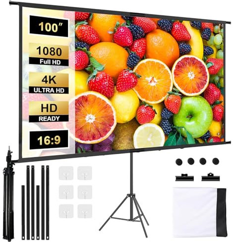 HRS Tela Proiettore con Treppiede 100 Pollici, Portatile Appeso 16:9 4K HD Proiettore Tela con Supporto Regolabile in Regolabile per Home Cinema, Campeggio, Ufficio, Scuola, Presentazione