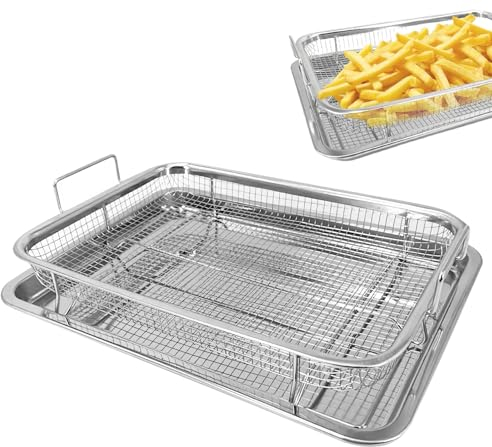 TOATELU Backblech mit abkühlgitter, BBQ Grillkorb, Edelstahl Grillkorb mit Griff und Unterschale, Rechteckig Backform, Mesh Grillkorb, Edelstahl Grillgitter Zum Grillen Und Kühlen (32.5x24.5x5.2cm)