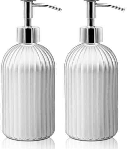 2 Pack Glass Soap Dispenser Bottle with Pump, 14 Oz Refillable Liquid Hand Jar Dispenser for Bathroom, Countertop, Kitchen, Laundry Room (Silver)