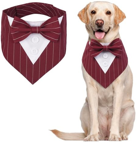 MHaustlie Dog Bandana Dog Formal Tuxedo Bandana Dog Wedding Bandana Adjustable Dog Neckerchief with Bow Tie Formal Tux Dog Bandana Dog Bowtie Bandana for Small Medium Large Dogs (L, Redstripe)