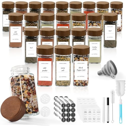 Glass and wood spice jars, square, 24 × 120 ml Set of Spice storage container with acacia wood lids, label