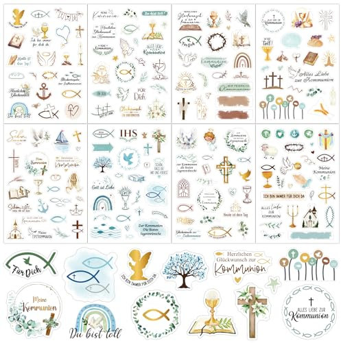 BOFUNX 8 Blätter Kommunion Sticker Gästebuch Aufkleber Mädchen Jungen Selbstklebende Kommunion Sticker Erstkommunion Konfirmation Taufe Stickers für Gästebuch Fotoalbum Karte Geschenke